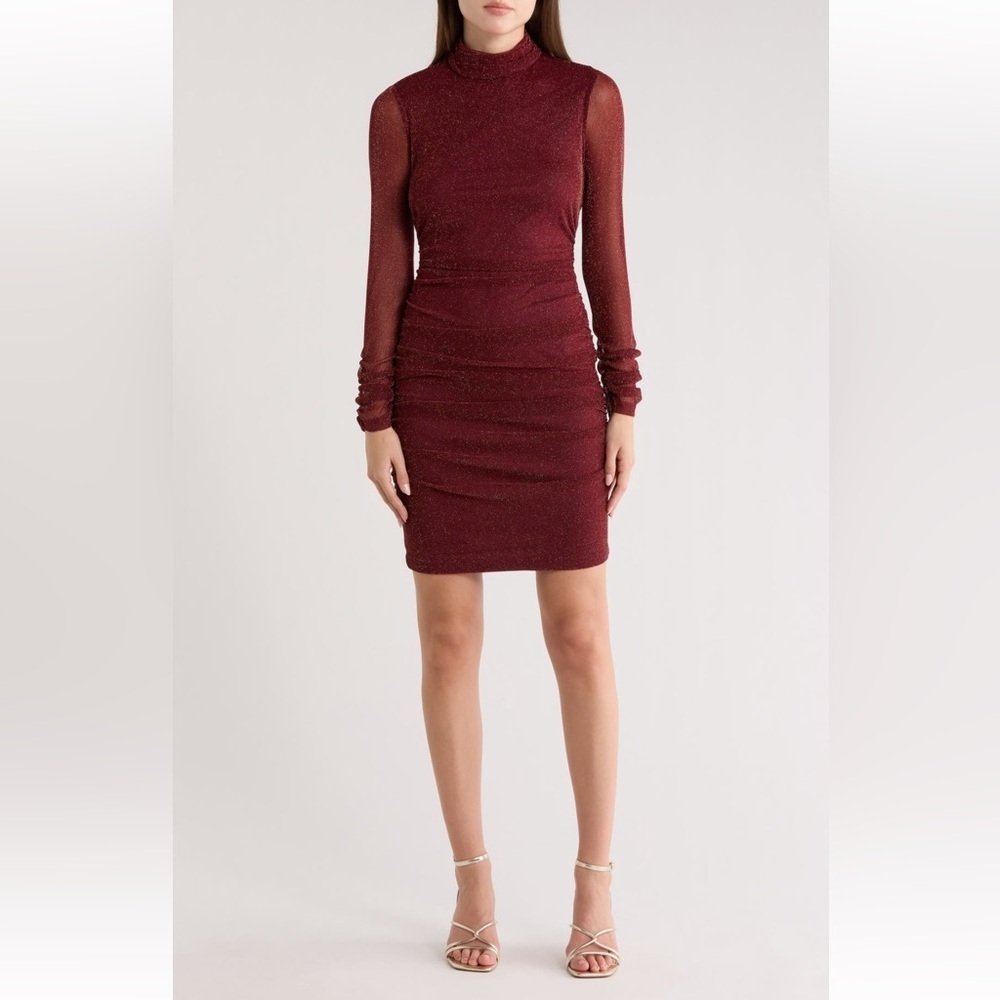 eliza j burgundy dress | Dresses | Eliza J Mock Neck Ruched Long Sleeve Mesh Bodycon Nwt Ladies dresses Color:purple beachy A-Line Simple Modest Satin complete with an eye